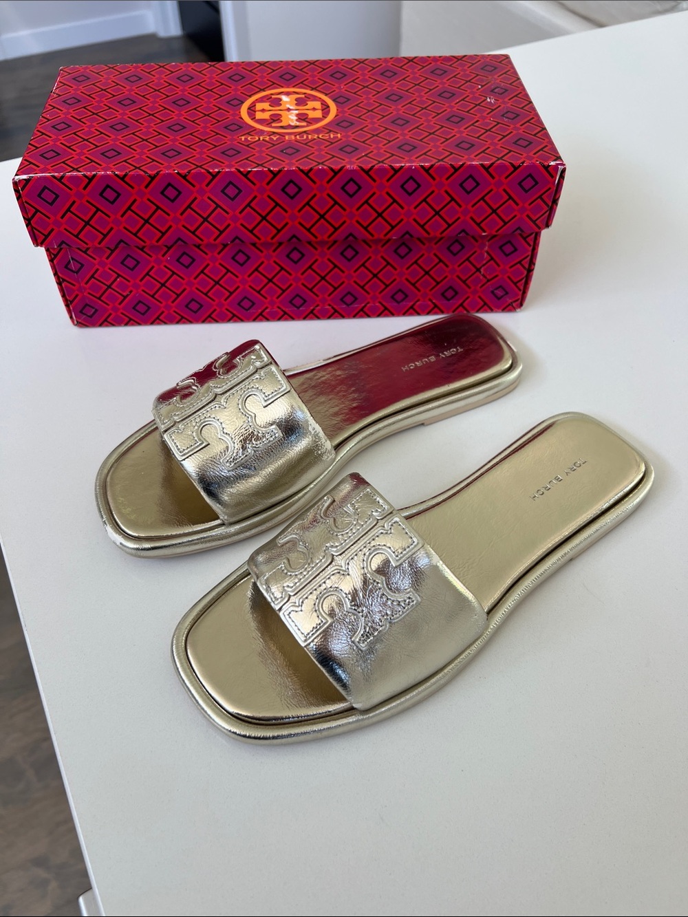 Tory Burch spark gold metallic open toe double T sport slide leather sandals 8
